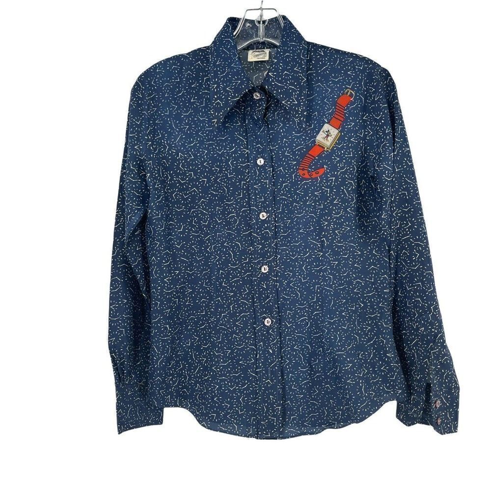 Kennington Disney Vintage 70s Shirt Mickey Mouse Watch Blue Womens S Button Up